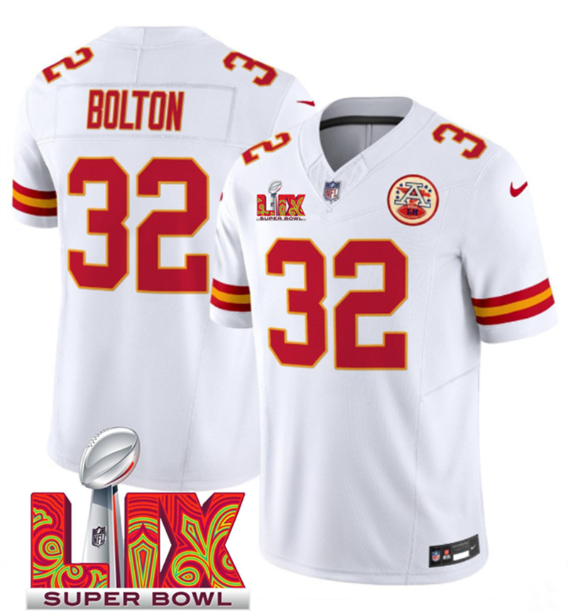 Men's Kansas City Chiefs 32 Nick Bolton White 2025 Super Bowl LIX Patch F.U.S.E. Vapor Limited Stitched Football Jersey