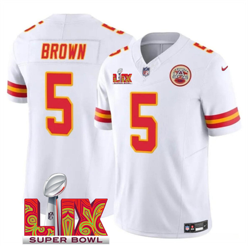 Men's Kansas City Chiefs 5 Hollywood Brown White 2025 Super Bowl LIX Patch F.U.S.E. Vapor Limited Stitched Football Jersey