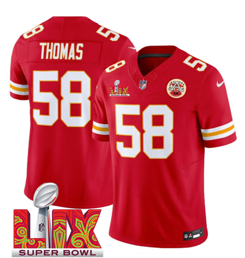 Men's Kansas City Chiefs 58 Derrick Thomas Red 2025 Super Bowl LIX Patch F.U.S.E. Vapor Limited Stitched Football Jersey