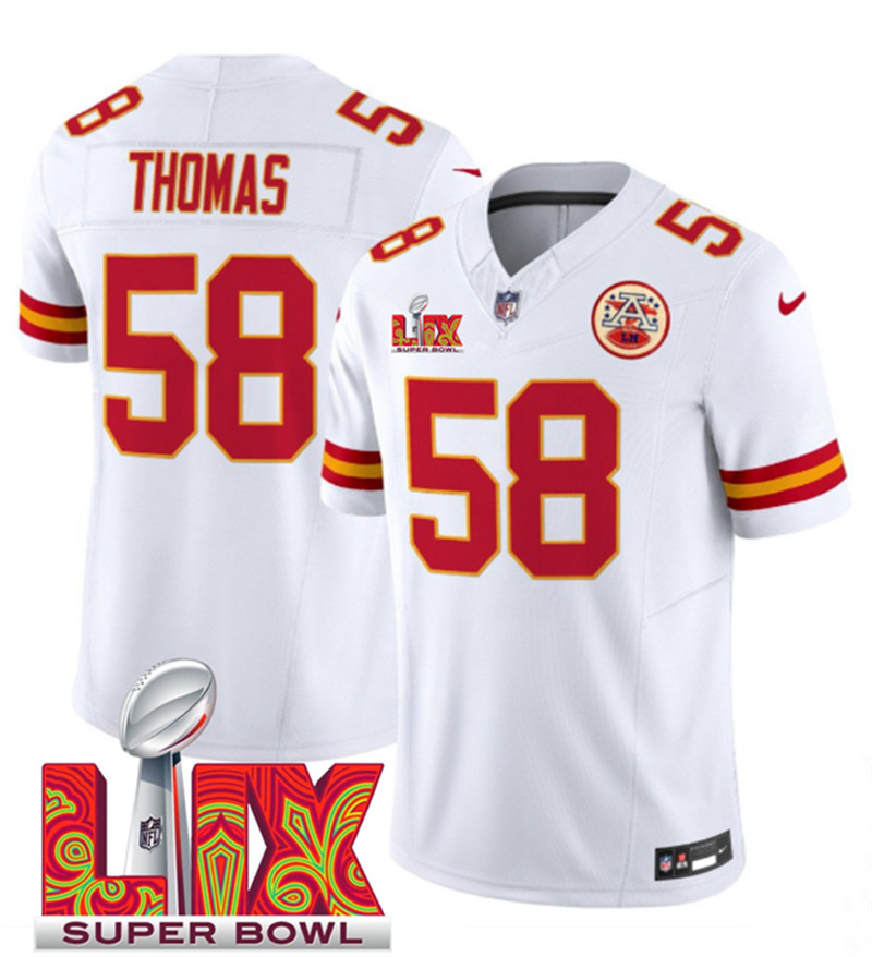 Men's Kansas City Chiefs 58 Derrick Thomas White 2025 Super Bowl LIX Patch F.U.S.E. Vapor Limited Stitched Football Jersey