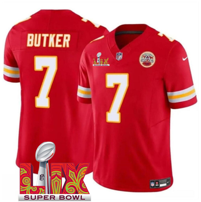 Men's Kansas City Chiefs 7 Harrison Butker Red 2025 Super Bowl LIX Patch F.U.S.E. Vapor Limited Stitched Football Jersey