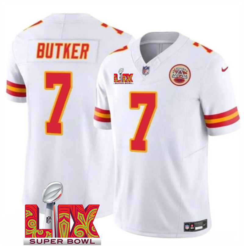 Men's Kansas City Chiefs 7 Harrison Butker White 2025 Super Bowl LIX Patch F.U.S.E. Vapor Limited Stitched Football Jersey