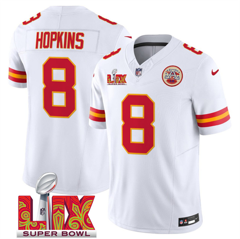 Men's Kansas City Chiefs 8 DeAndre Hopkins White 2025 Super Bowl LIX Patch F.U.S.E. Vapor Limited Stitched Football Jersey