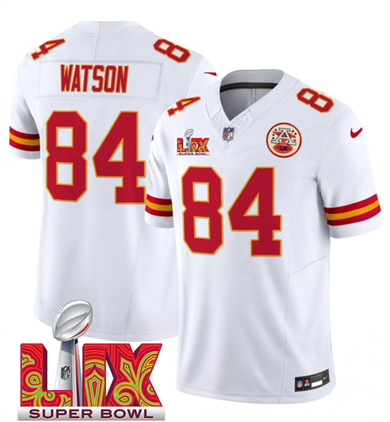 Men's Kansas City Chiefs 84 Justin Watson White 2025 Super Bowl LIX Patch F.U.S.E. Vapor Limited Stitched Football Jersey