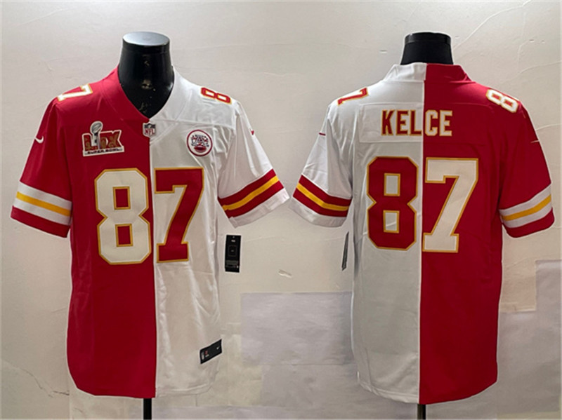 Men's Kansas City Chiefs 87 Travis Kelce Red & White Split 2025 Super Bowl LIX Patch Vapor Limited Stitched Football Jersey