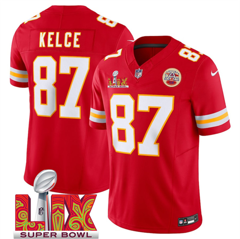 Men's Kansas City Chiefs 87 Travis Kelce Red 2025 Super Bowl LIX Patch F.U.S.E. Vapor Limited Stitched Football Jersey