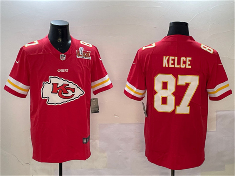 Men's Kansas City Chiefs 87 Travis Kelce Red 2025 Super Bowl LIX Patch Team Big Logo Vapor Limited Stitched Football Jersey
