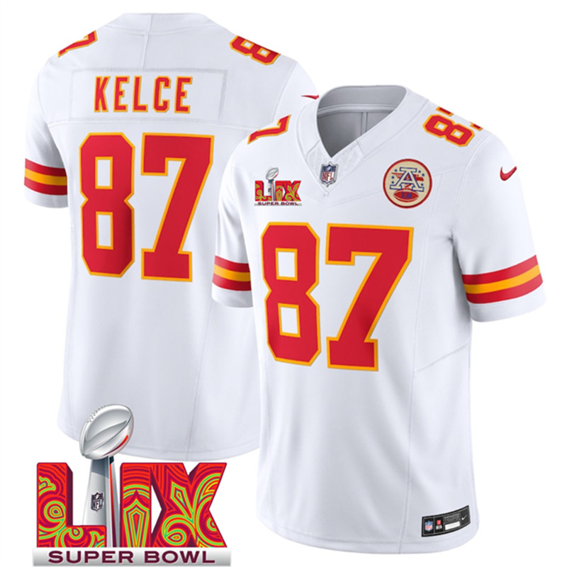 Men's Kansas City Chiefs 87 Travis Kelce White 2025 Super Bowl LIX Patch F.U.S.E. Vapor Limited Stitched Football Jersey