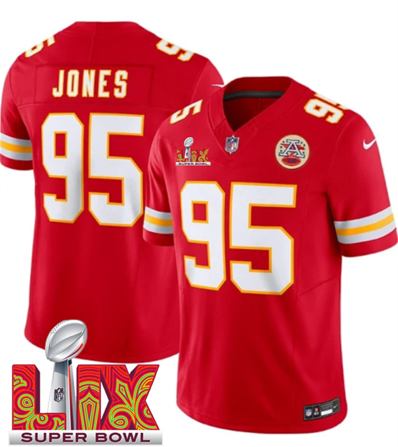 Men's Kansas City Chiefs 95 Chris Jones Red 2025 Super Bowl LIX Patch F.U.S.E. Vapor Limited Stitched Football Jersey