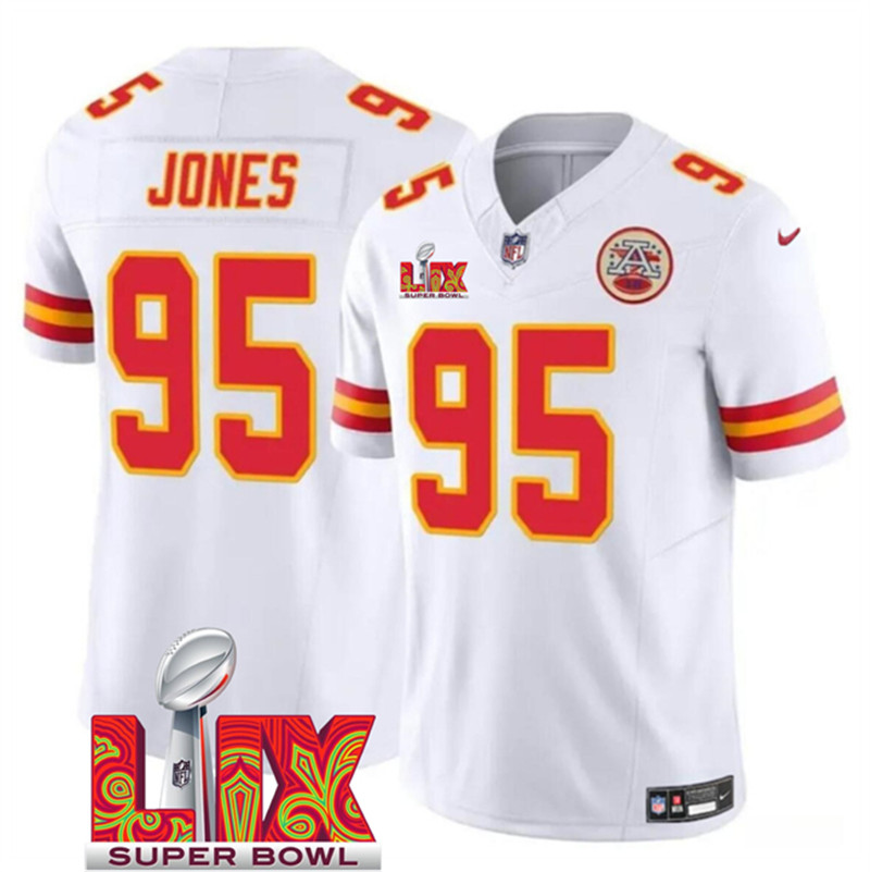 Men's Kansas City Chiefs 95 Chris Jones White 2025 Super Bowl LIX Patch F.U.S.E. Vapor Limited Stitched Football Jersey