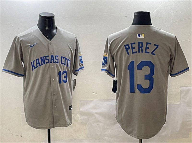 Men's Kansas City Royals 13 Salvador Perez Gray 2024 Away Limited Stitched Baseball Jersey