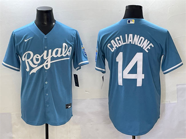 Men's Kansas City Royals 14 Jac Caglianone Light Blue Cool Base Stitched Baseball Jersey