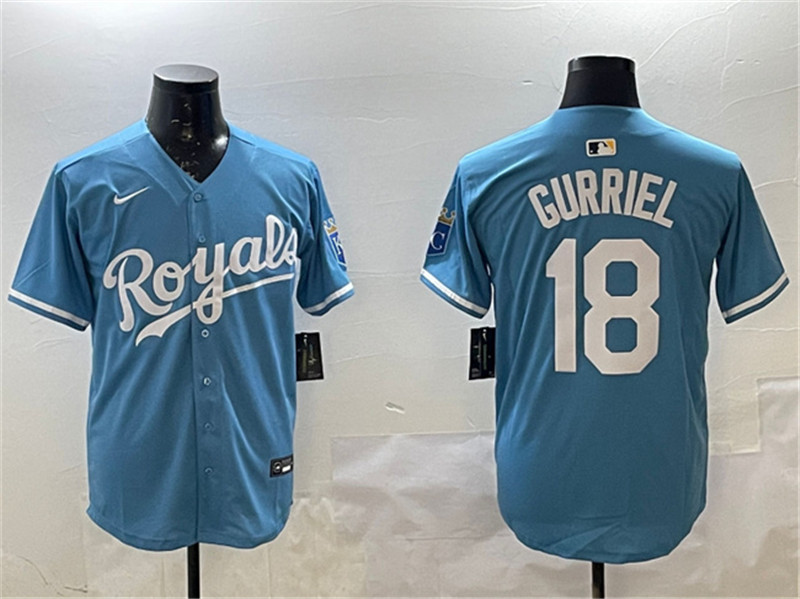 Men's Kansas City Royals 18 Yuli Gurriel Blue Cool Base Stitched Baseball Jersey