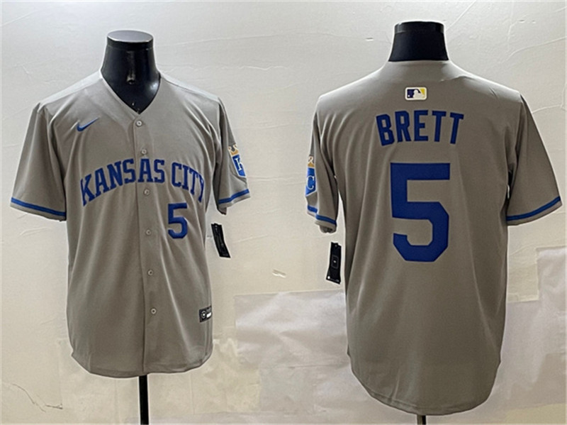 Men's Kansas City Royals 5 George Brett Gray 2024 Away Limited Stitched Baseball Jersey