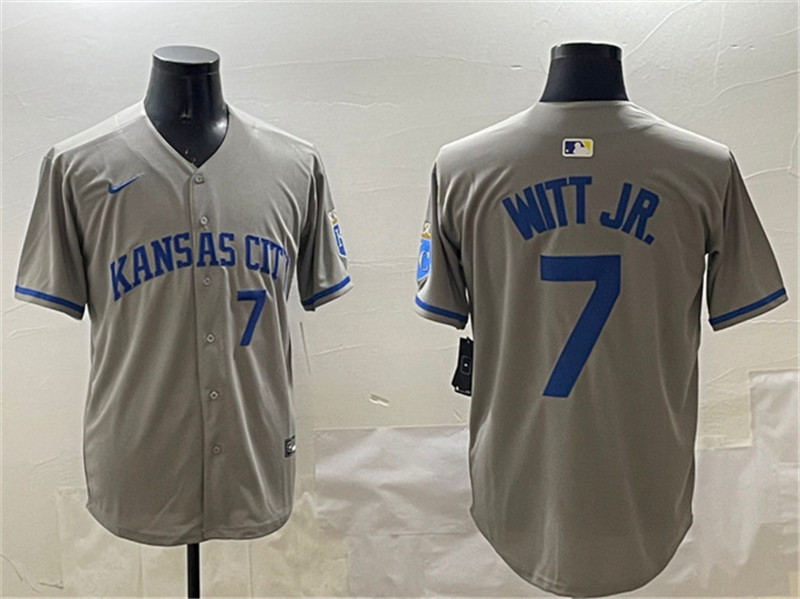 Men's Kansas City Royals 7 Bobby Witt Jr. Gray 2024 Away Limited Stitched Baseball Jersey