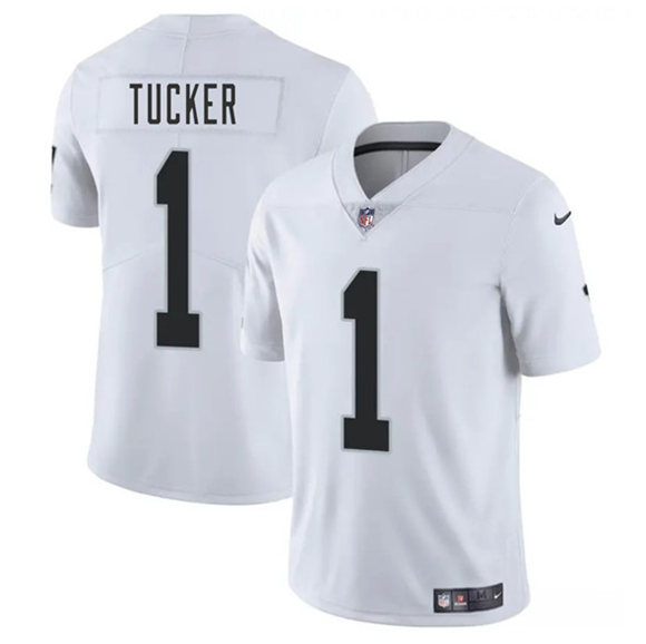 Men's Las Vegas Raiders 1 Tre Tucker White 2025 Vapor Football Stitched Jersey