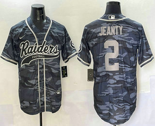 Men's Las Vegas Raiders 2 Ashton Jeanty Grey Camo With Patch Cool Base Stitched Baseball Jersey