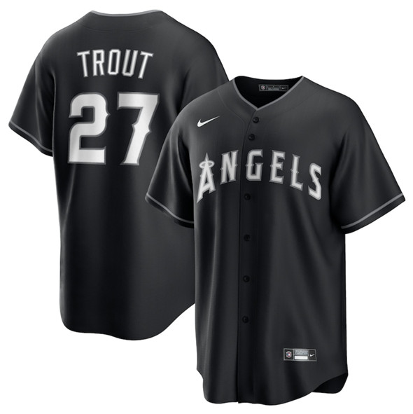 Men's Los Angeles Angels 27 Mike Trout Black Lights Out Limited Stitched Baseball Jersey