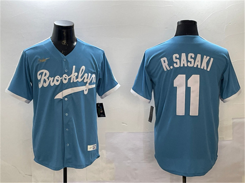 Men's Los Angeles Dodgers 11 Roki Sasaki Blue Throwback Stitched Baseball Jersey