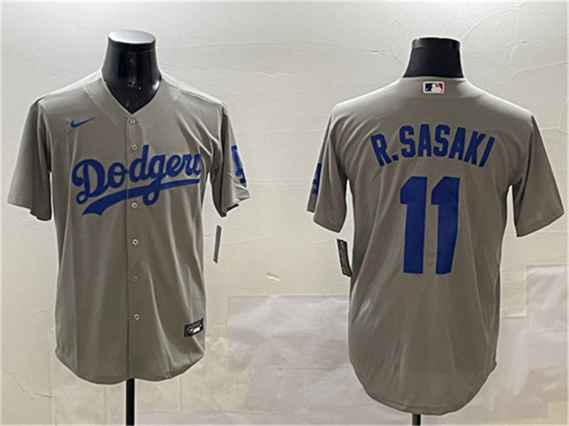 Men's Los Angeles Dodgers 11 Roki Sasaki Gray Cool Base Stitched Baseball Jersey