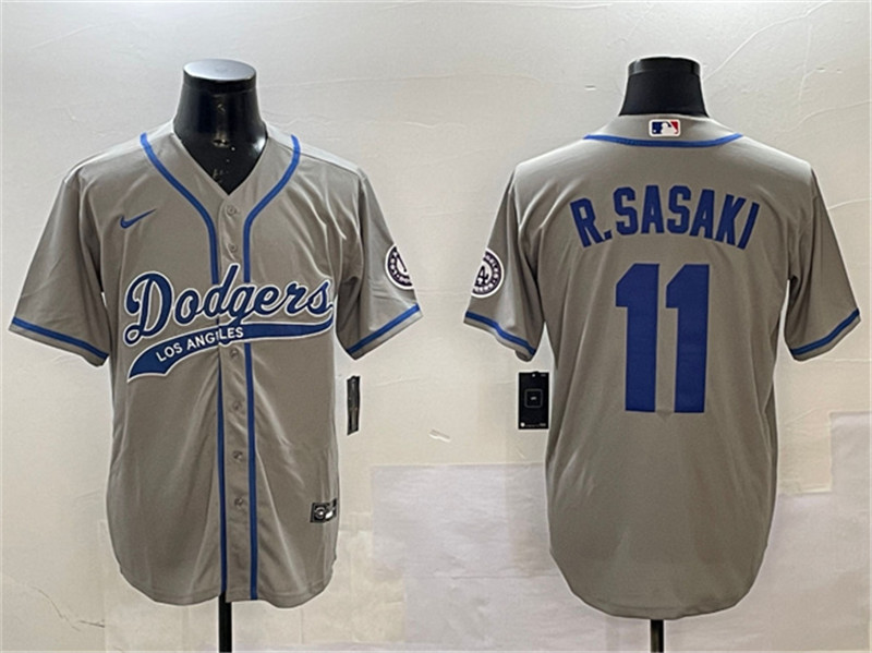 Men's Los Angeles Dodgers 11 Roki Sasaki Gray With Patch Cool Base Stitched Baseball Jersey