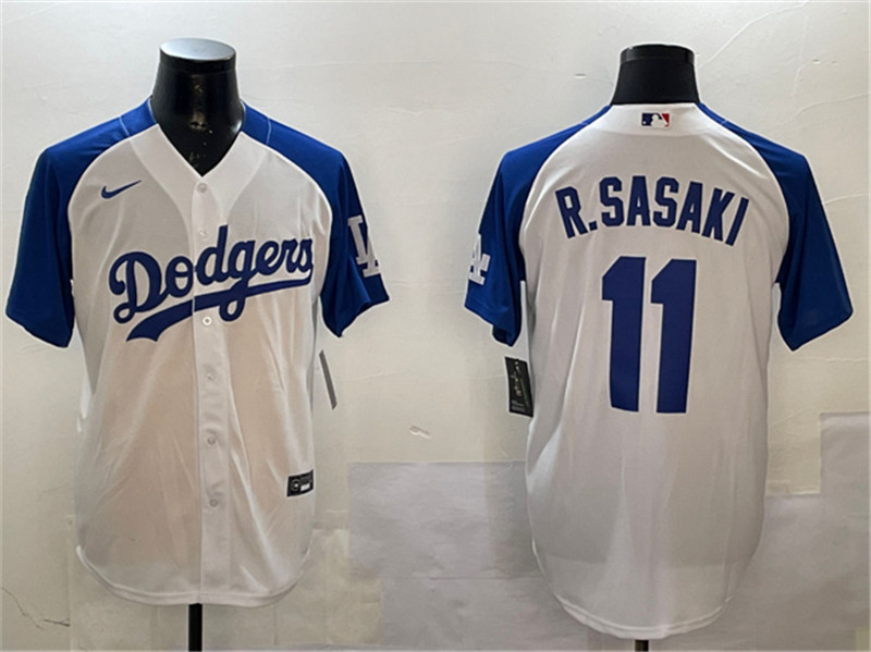 Men's Los Angeles Dodgers 11 Roki Sasaki White Blue Cool Base Stitched Baseball Jersey