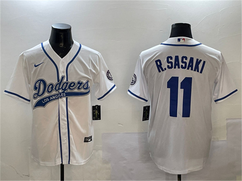 Men's Los Angeles Dodgers 11 Roki Sasaki White With Patch Cool Base Stitched Baseball Jersey