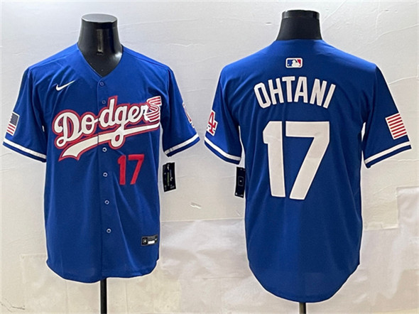 Men's Los Angeles Dodgers 17 Shohei Ohtani Royal With American Flag Patch Limited Stitched Baseball Jersey