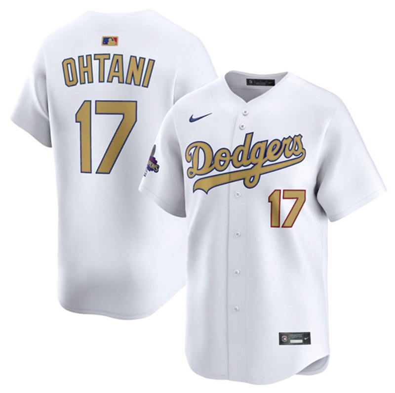 Men's Los Angeles Dodgers 17 Shohei Ohtani White 2025 Gold Collection Limited Stitched Baseball Jersey