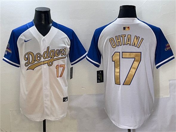 Men's Los Angeles Dodgers 17 Shohei Ohtani White Royal Gold 2024 World Series Champions Vapor Limited Stitched Baseball Jersey