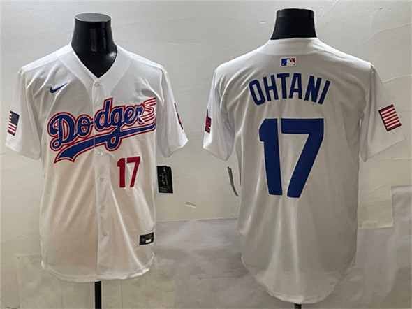 Men's Los Angeles Dodgers 17 Shohei Ohtani White With American Flag Patch Limited Stitched Baseball Jersey