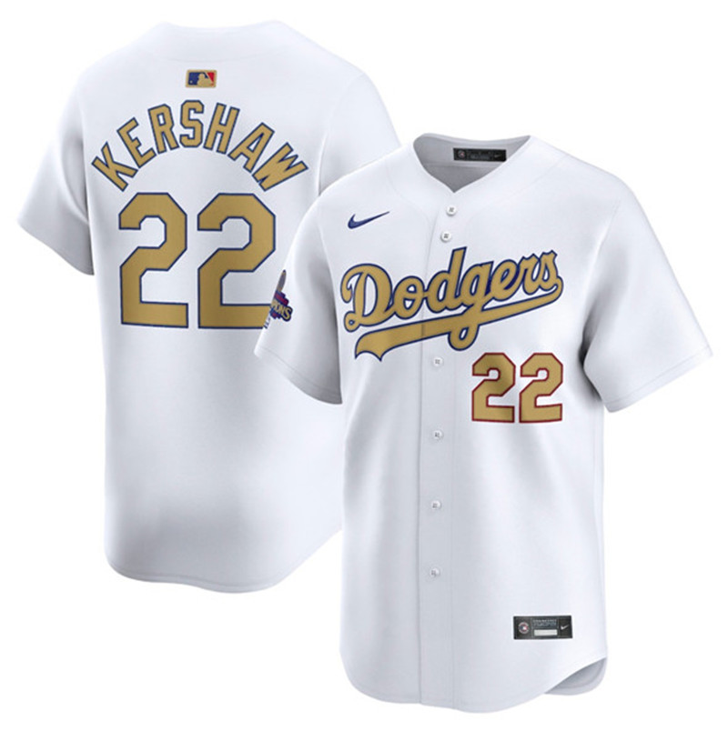 Men's Los Angeles Dodgers 22 Clayton Kershaw White 2025 Gold Collection Limited Stitched Baseball Jersey