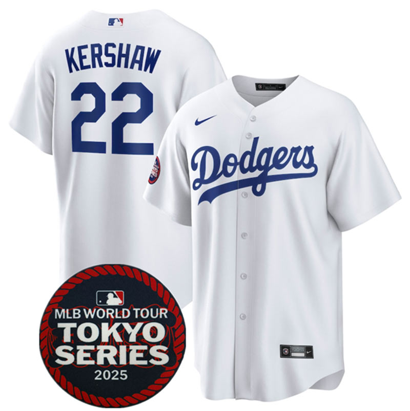 Men's Los Angeles Dodgers 22 Clayton Kershaw White 2025 World Tour Tokyo Series Home Stitched Baseball Jersey