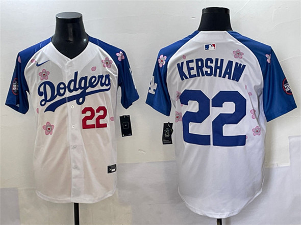 Men's Los Angeles Dodgers 22 Clayton Kershaw White Royal 2025 Tokyo Series Limited Stitched Baseball Jersey