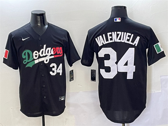 Men's Los Angeles Dodgers 34 Fernando Valenzuela Black Mexico Flag Cool Base Stitched Baseball Jersey