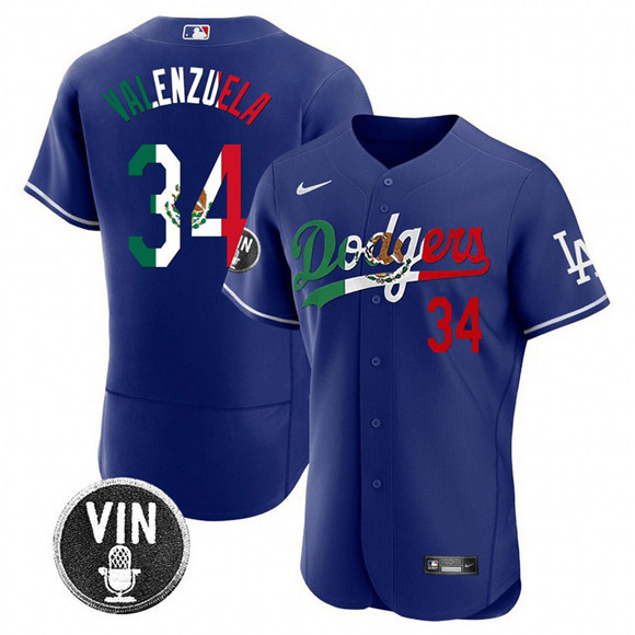 Men's Los Angeles Dodgers 34 Fernando Valenzuela Royal Mexico Special Vin Scully Patch Flex Base Stitched Baseball Jersey