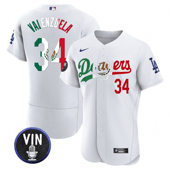 Men's Los Angeles Dodgers 34 Fernando Valenzuela White Mexico Special Vin Scully Patch Flex Base Stitched Baseball Jersey