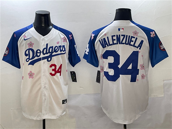 Men's Los Angeles Dodgers 34 Fernando Valenzuela White Royal 2025 Tokyo Series Limited Stitched Baseball Jersey