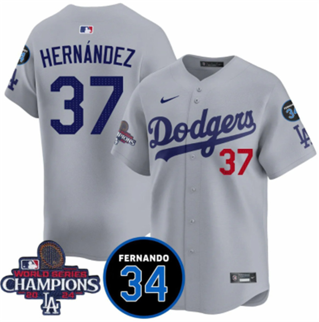 Men's Los Angeles Dodgers 37 Teoscar Hernandez Gray 2024 World Series Champions With Fernando Memorial Patch Vapor Premier Limited Stitched Baseball Jersey