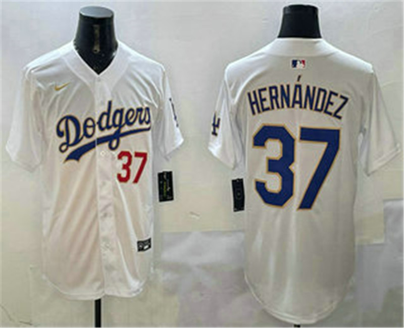 Men's Los Angeles Dodgers 37 Teoscar Hernandez Number White Gold Cool Base Stitched Jersey