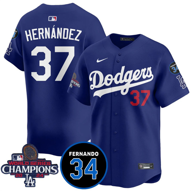 Men's Los Angeles Dodgers 37 Teoscar Hernandez Royal 2024 World Series Champions With Fernando Memorial Patch Vapor Premier Limited Stitched Baseball Jersey