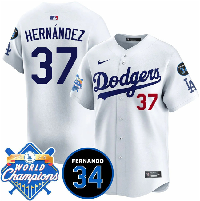 Men's Los Angeles Dodgers 37 Teoscar Hernandez White 2024 World Champions & Fernando Memorial Patch Vapor Premier Home Limited Stitched Baseball Jersey