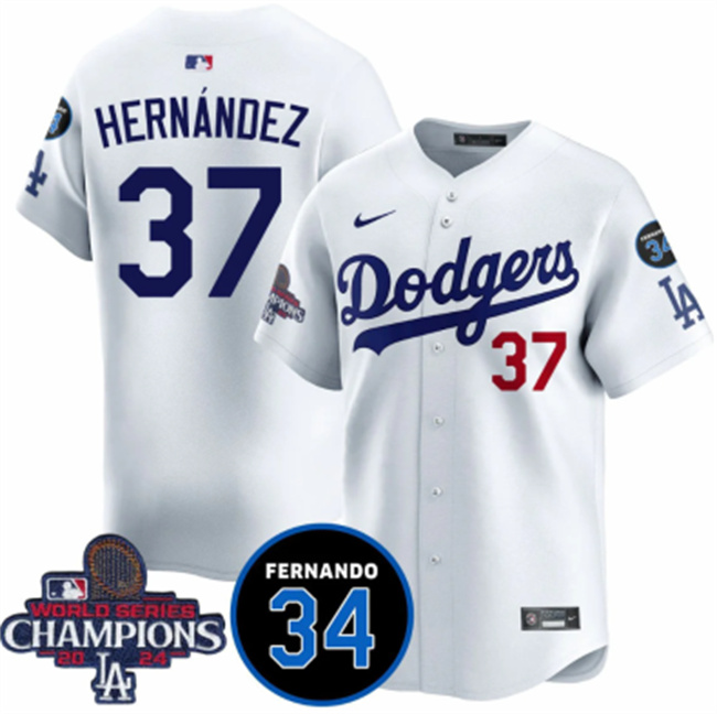Men's Los Angeles Dodgers 37 Teoscar Hernandez White 2024 World Series Champions With Fernando Memorial Patch Vapor Premier Home Limited Stitched Baseball Jersey
