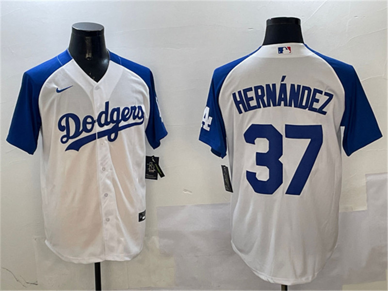 Men's Los Angeles Dodgers 37 Teoscar Hernandez White Blue Cool Base Stitched Baseball Jersey