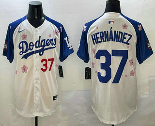 Men's Los Angeles Dodgers 37 Teoscar Hernandez White Royal 2025 Tokyo Series Limited Stitched Jersey