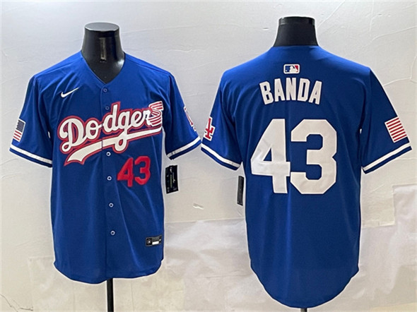 Men's Los Angeles Dodgers 43 Anthony Banda Royal With American Flag Patch Limited Stitched Baseball Jersey