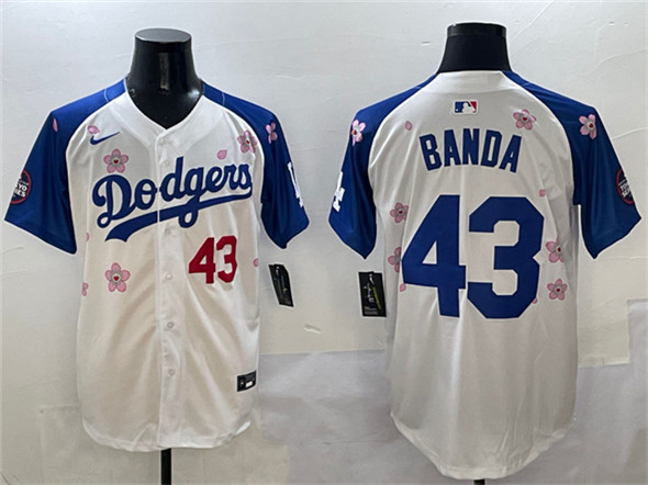 Men's Los Angeles Dodgers 43 Anthony Banda White Royal 2025 Tokyo Series Limited Stitched Baseball Jersey