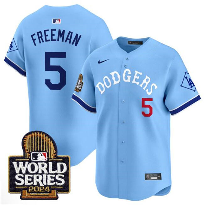 Men's Los Angeles Dodgers 5 Freddie Freeman Blue With 2024 World Series Patch Vapor Premier Limited Stitched Baseball Jersey