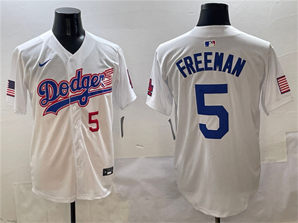 Men's Los Angeles Dodgers 5 Freddie Freeman White With American Flag Patch Limited Stitched Baseball Jersey