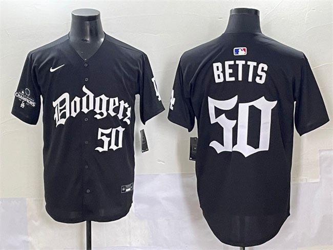 Men's Los Angeles Dodgers 50 Mookie Betts Black 2025 LA Gothic Style With 2024 World Series Champions Patch Vapor Premier Limited Stitched Baseball Jersey